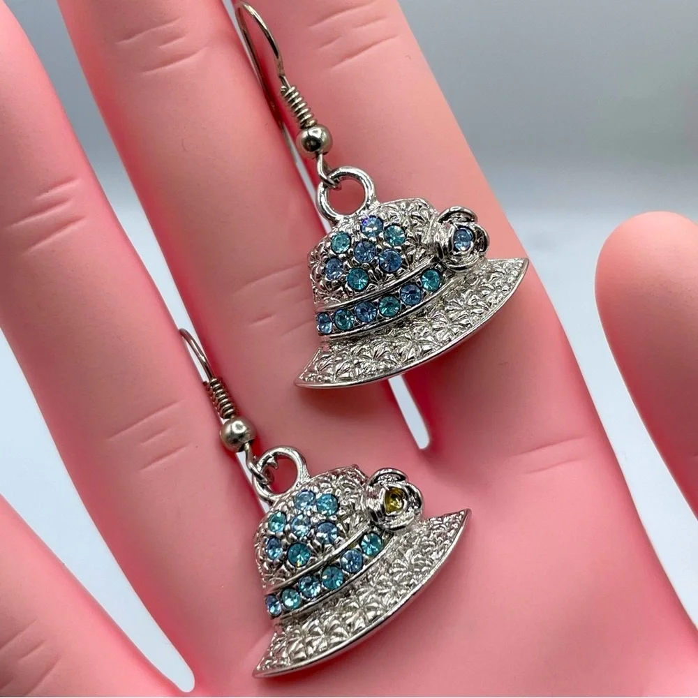 Silver Tone Blue White Rhinestone Hat Dangle Earrings Hook Setting Bling Cute